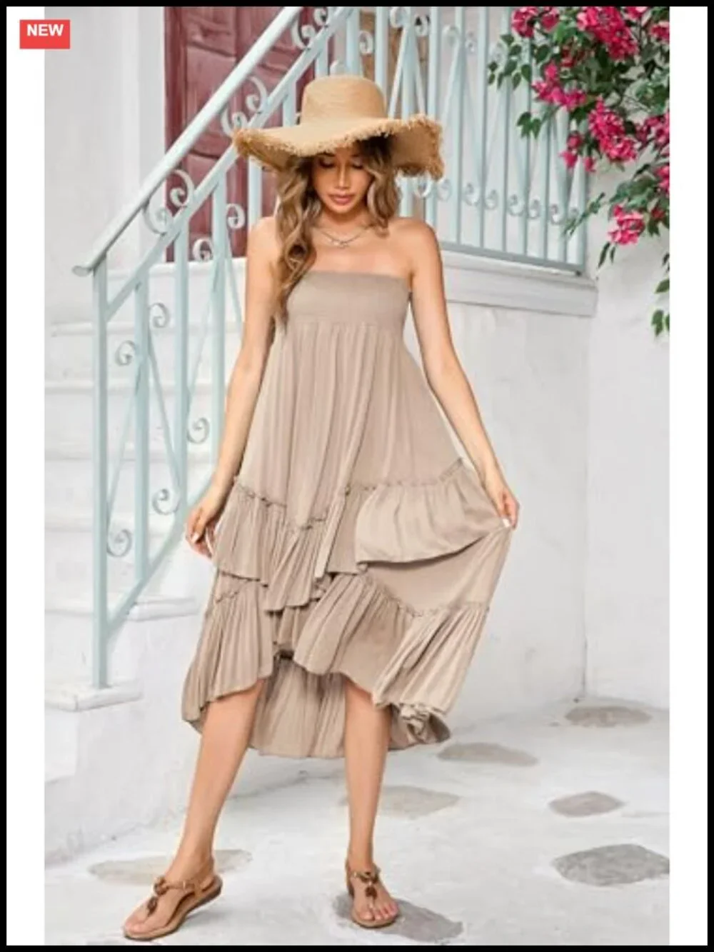 Smocked Elastic High Waisted Boho Midi Skirt, Strapless Tube Dress, Layered